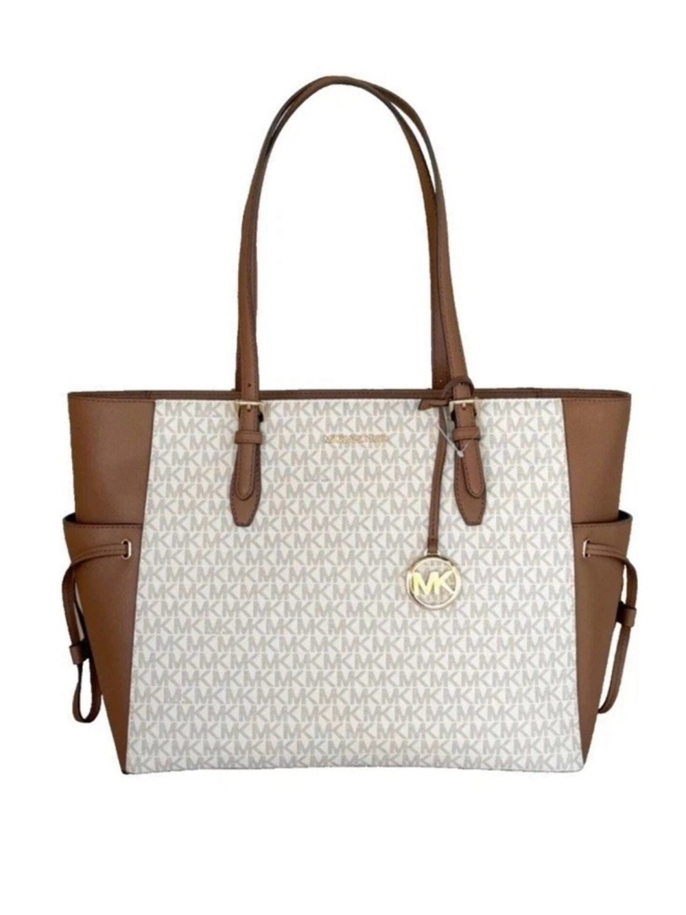 MICHAEL KORS GILLY LARGE DRAWSTRING TRAVEL TOTE SHOULDER BAG VANILLA/BROWN